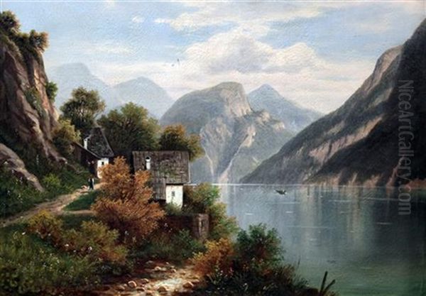 Swiss Lake Scene Oil Painting by Hermann Klingsboegl