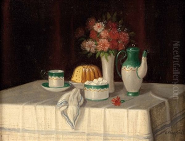 Stillleben Mit Blumen Und Kaffeegeschirr Oil Painting by Hermann Klingsboegl