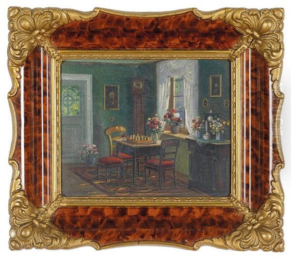 Biedermeierinterior Mit Schachspiel (+  Interior Mit Blick Uber Die Terasse Auf Eine Villa; 2 Works) Oil Painting by Rudolf Klingsboegl