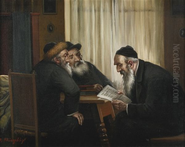 Rabbis Studying Around A Table Oil Painting by Rudolf Klingsboegl