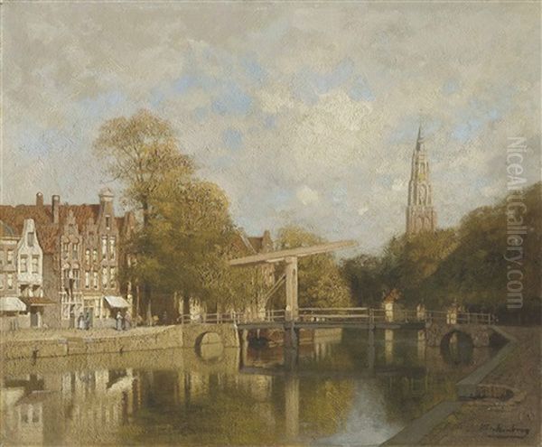 A View Of Delft With The Nieuwe Kerk In The Distance Oil Painting by Johannes Christiaan Karel Klinkenberg