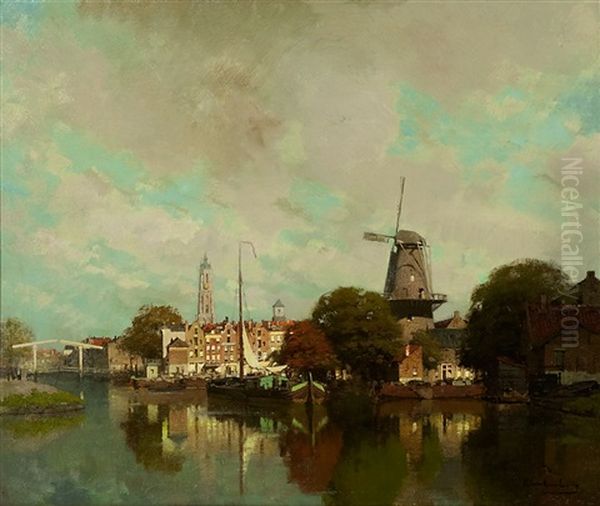 A View On Delft With The Spire Of The Nieuwe Kerk And The Groenmolen Oil Painting by Johannes Christiaan Karel Klinkenberg