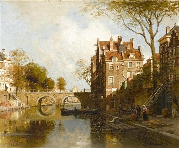 A Dutch Canal Scene Oil Painting by Johannes Christiaan Karel Klinkenberg