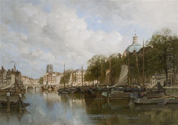 A View Of The Leuvehaven With The Laurenskerk In The Distance, Rotterdam Oil Painting by Johannes Christiaan Karel Klinkenberg