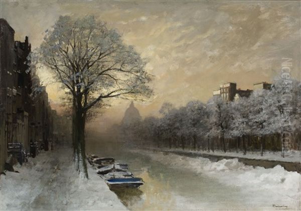 A Winter View Of The Singel With The Lutherse Kerk In Amsterdam Oil Painting by Johannes Christiaan Karel Klinkenberg