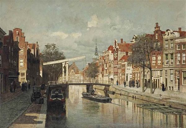 A Sunlit Canal In A Dutch Town Oil Painting by Johannes Christiaan Karel Klinkenberg