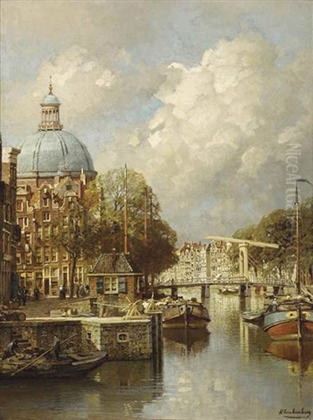 View Of The Singel With The Lutheran Church, Amsterdam Oil Painting by Johannes Christiaan Karel Klinkenberg