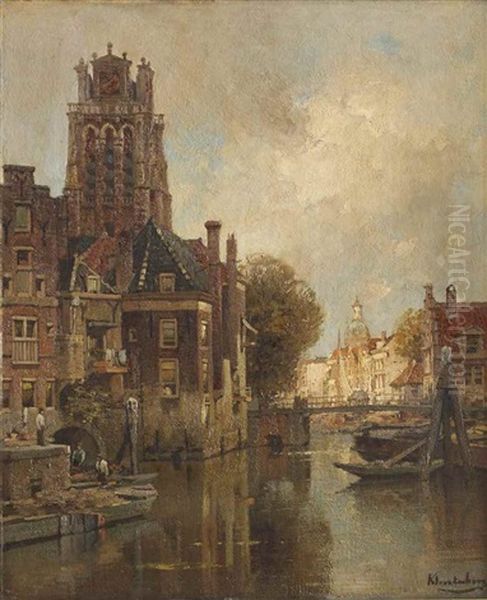 A View Of The Leuvehaven With The Grote Kerk, Dordrecht Oil Painting by Johannes Christiaan Karel Klinkenberg