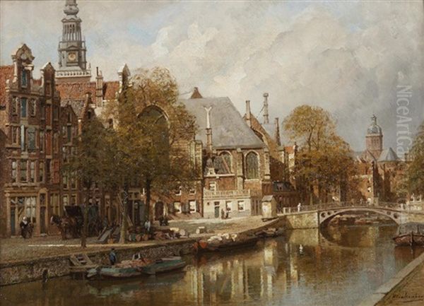 View Of Oudezijds Voorburgwal, Amsterdam Oil Painting by Johannes Christiaan Karel Klinkenberg