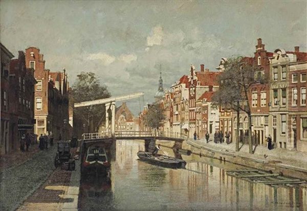 A Sunlit Canal In A Dutch Town Oil Painting by Johannes Christiaan Karel Klinkenberg