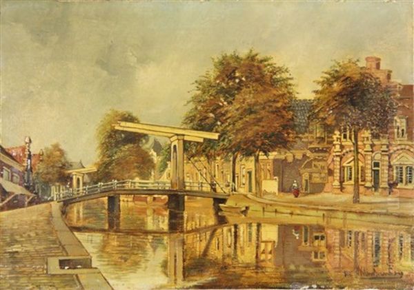 Town View With A Drawbridge Over A Canal Oil Painting by Johannes Christiaan Karel Klinkenberg