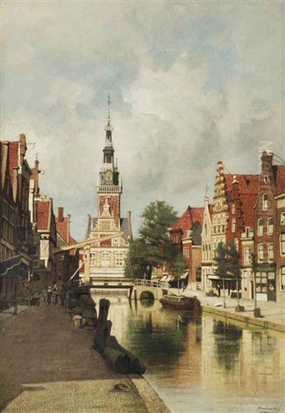 A View Of The Luttik Oudorp With The Waagtoren, Alkmaar Oil Painting by Johannes Christiaan Karel Klinkenberg