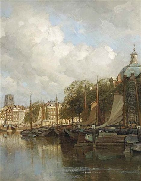 A View Of The Leuvehaven With The Laurenskerk In The Distance, Rotterdam Oil Painting by Johannes Christiaan Karel Klinkenberg