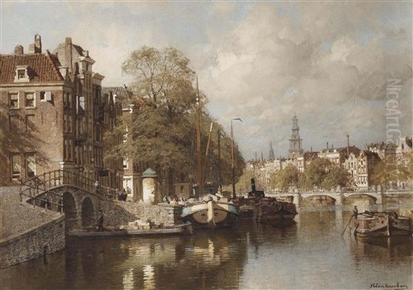 A View On The Amstel, With The Blauwbrug And The Zuiderkerk, Amsterdam Oil Painting by Johannes Christiaan Karel Klinkenberg