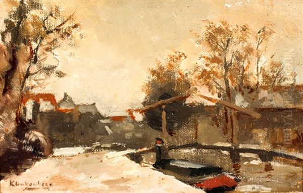 Winters Stadsgezicht Met Ophaalbrug Oil Painting by Johannes Christiaan Karel Klinkenberg