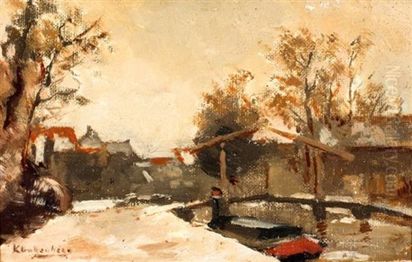 Winters Stadsgezicht Met Ophaalbrug Oil Painting by Johannes Christiaan Karel Klinkenberg