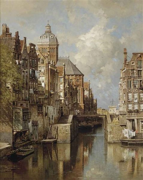 A View Of The Oudezijdskolk And The St. Nicolaaskerk In Amsterdam Oil Painting by Johannes Christiaan Karel Klinkenberg