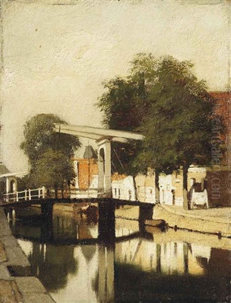 De Burgwal Met De Hagebrug Te Haarlem Oil Painting by Johannes Christiaan Karel Klinkenberg