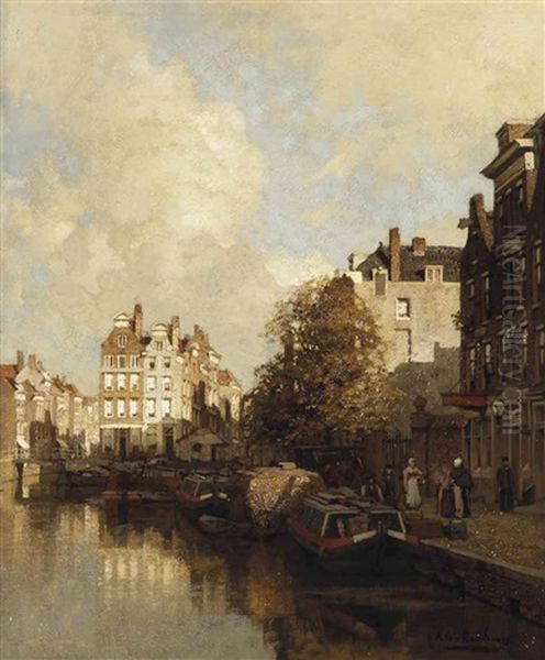 Een Gracht In Rotterdam Oil Painting by Johannes Christiaan Karel Klinkenberg