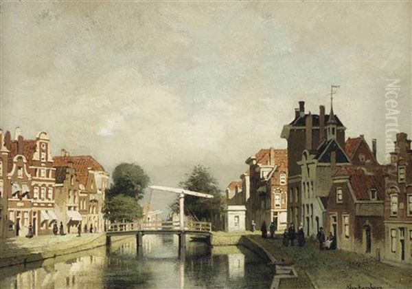 A Sunlit Canal With A Draw-bridge Oil Painting by Johannes Christiaan Karel Klinkenberg