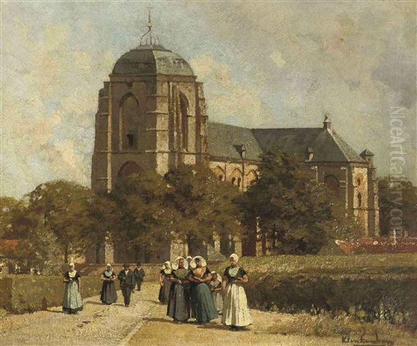 Kerkgangers In Zeeuwse Klederdracht Bij De Grote Kerk In Veere Oil Painting by Johannes Christiaan Karel Klinkenberg