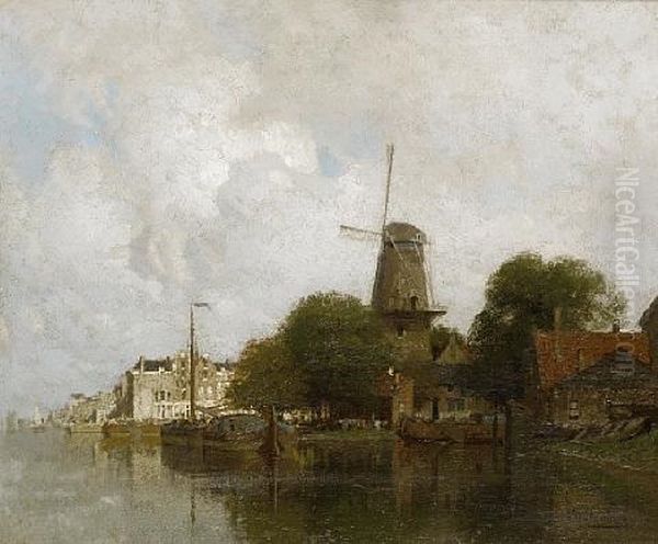 View Of The River Amstel, Amsterdam Oil Painting by Johannes Christiaan Karel Klinkenberg