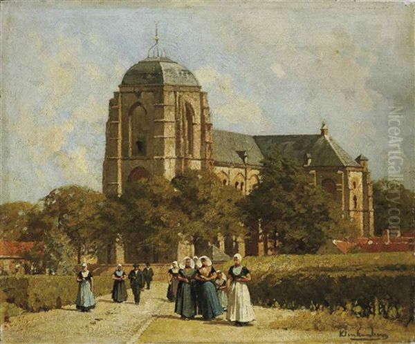 Kerkgangers In Zeeuwse Klederdracht Bij De Grote Kerk In Veere by Johannes Christiaan Karel Klinkenberg