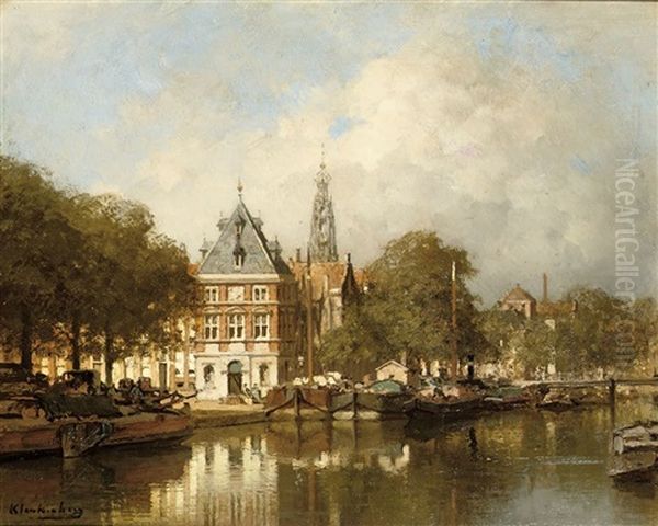 De Waag Aan Het Spaarne Te Haarlem (view Of The River Spaarne With The Waagtoren Beyond, Haarlem) Oil Painting by Johannes Christiaan Karel Klinkenberg