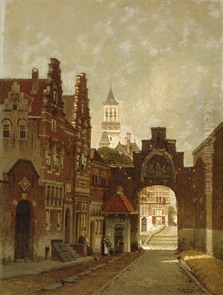 The Oude Poort And Two Houses De Twee Hammen, Delft Oil Painting by Johannes Christiaan Karel Klinkenberg