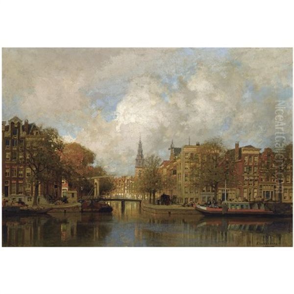 A View Of The Groenburgwal With The Zuiderkerk, Seen From The River Amstel, Amsterdam Oil Painting by Johannes Christiaan Karel Klinkenberg