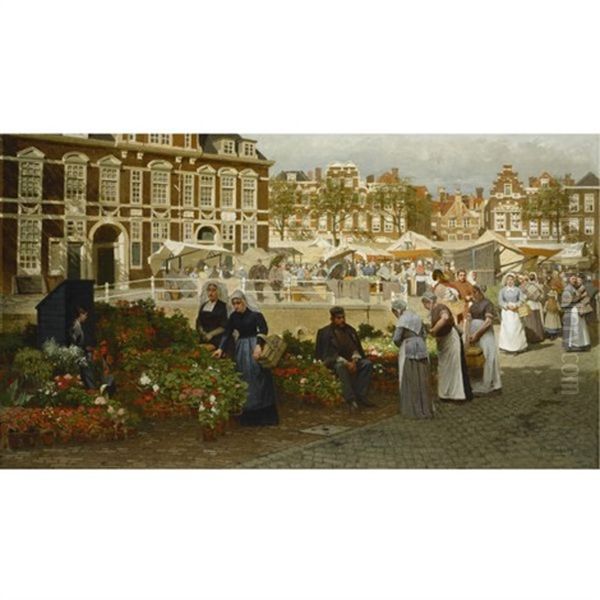 A View Of The Grote Markt In The Hague, Towards The Boterwaag And The Prinsengracht, With Scheveningen Women Buying Flowers Oil Painting by Johannes Christiaan Karel Klinkenberg