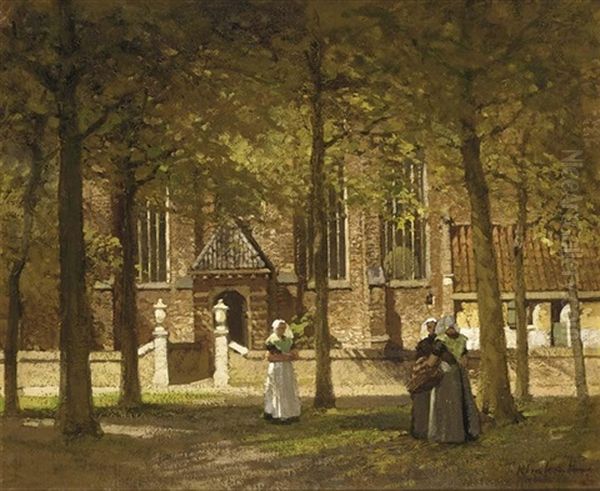 By The Church In Kapellen, Zeeland Oil Painting by Johannes Christiaan Karel Klinkenberg