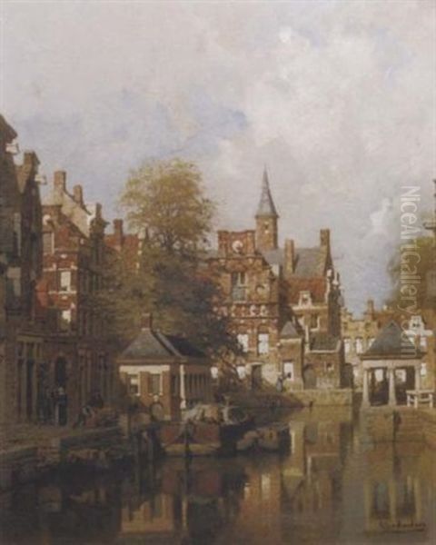 De Visbanken Aan De Lage Gouwe Te Gouda: View Of Gouda Oil Painting by Johannes Christiaan Karel Klinkenberg