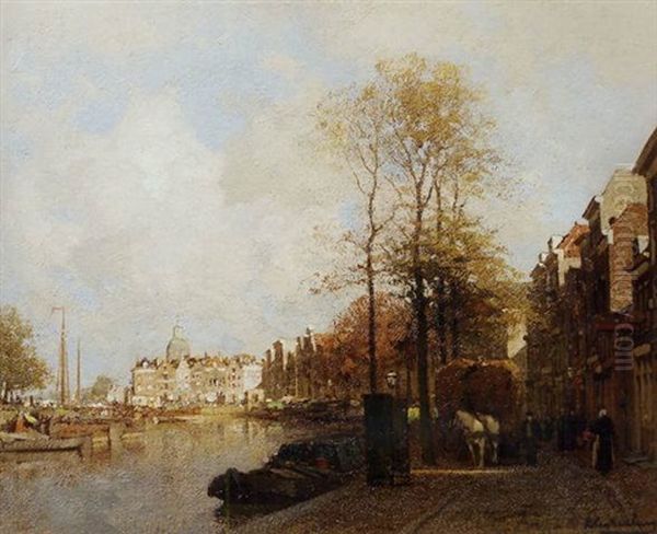 Along A Canal, Leiden Oil Painting by Johannes Christiaan Karel Klinkenberg