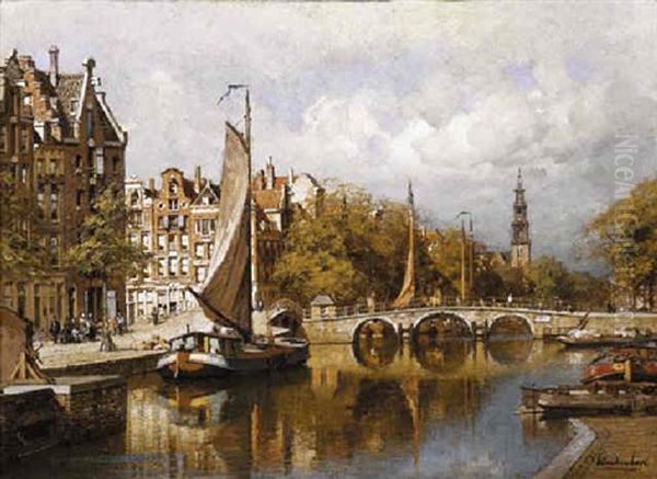 A View Of The Prinsengracht, Amsterdam, With The Westertoren In The Distance Oil Painting by Johannes Christiaan Karel Klinkenberg