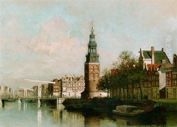 A View Of The Oude Schans With The Montelbaanstoren, Amsterdam Oil Painting by Johannes Christiaan Karel Klinkenberg