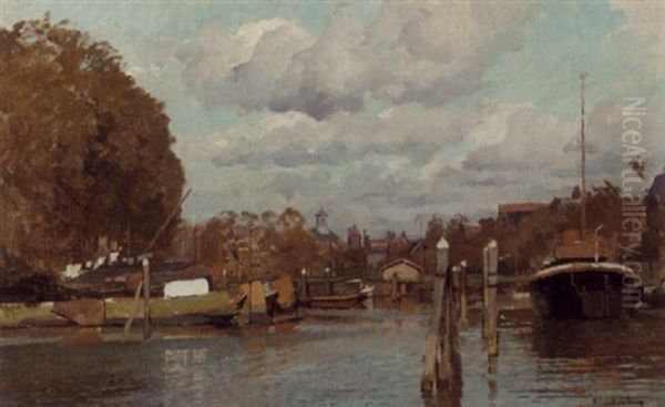 Moored Shipping In An Inner Harbour Oil Painting by Johannes Christiaan Karel Klinkenberg