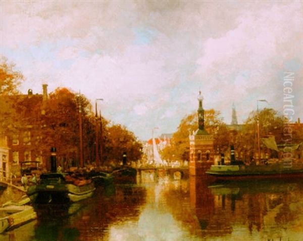 A View Of The Bierkade With The Accijnstoren, Alkmaar Oil Painting by Johannes Christiaan Karel Klinkenberg