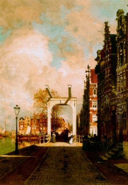 A View Along The Amstel In Amsterdam Oil Painting by Johannes Christiaan Karel Klinkenberg