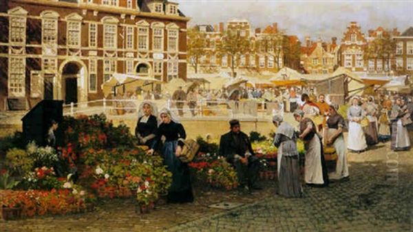 A View On The Grotte Markt In The Hague, Towards The Boterwaag And The Prinsengracht, With Scheveningen Women Buying Flowers Oil Painting by Johannes Christiaan Karel Klinkenberg