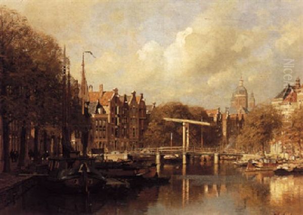 A View In Amsterdam With The St. Nicolaaskerk In The Distance Oil Painting by Johannes Christiaan Karel Klinkenberg