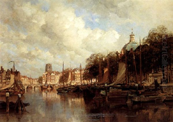 Moored Boats In A Canal, Rotterdam Oil Painting by Johannes Christiaan Karel Klinkenberg