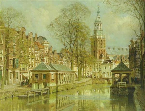 The Korenbank And The Visbank Along The Lage Gouwe, Gouda, With The St. Janskerk Beyond Oil Painting by Johannes Christiaan Karel Klinkenberg