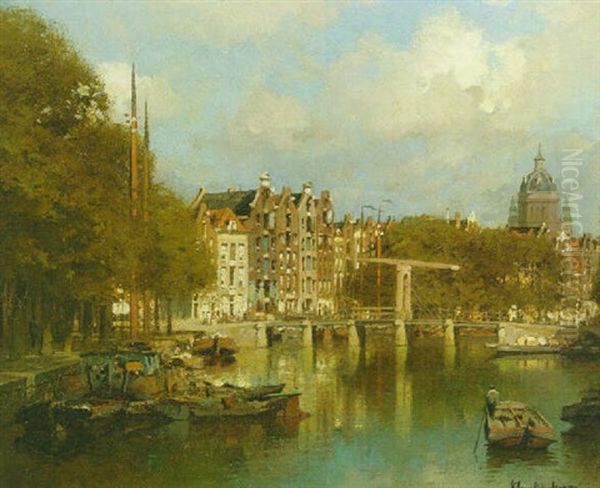 A Sunlit Canal In Amsterdam With The St. Nicolas Kerk In The Distance Oil Painting by Johannes Christiaan Karel Klinkenberg