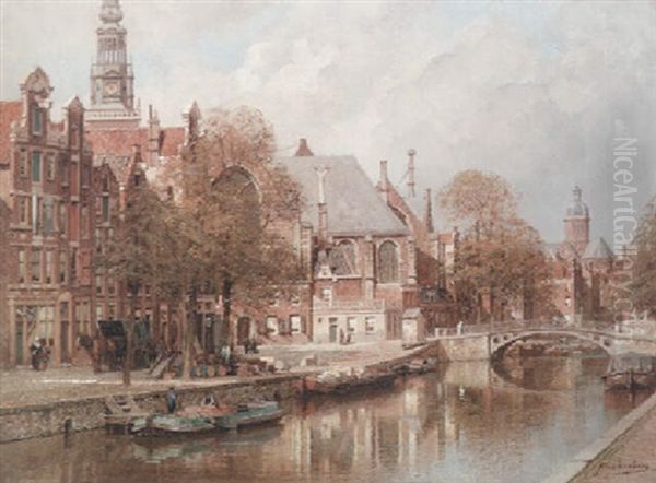 The Oude Zijds Achterburgwal, The Oude Kerk And St. Nicolaaskerk, Amsterdam Oil Painting by Johannes Christiaan Karel Klinkenberg