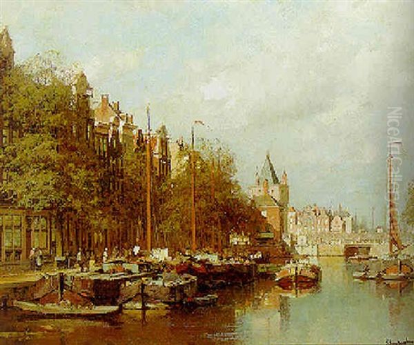 A View Of The Gelderseke, Amsterdam, With The Schreierstoren Beyond Oil Painting by Johannes Christiaan Karel Klinkenberg