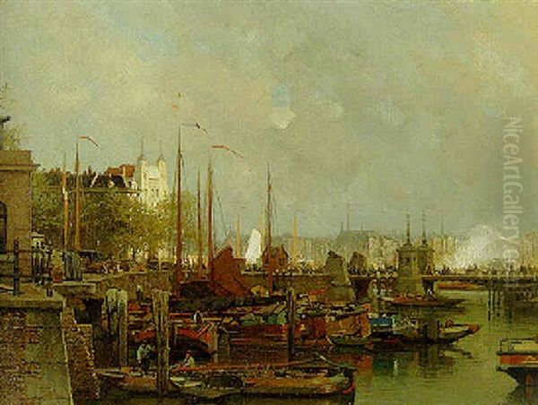 The Leuvenhaven, Rotterddam, With Het Witte Huis Beyond Oil Painting by Johannes Christiaan Karel Klinkenberg