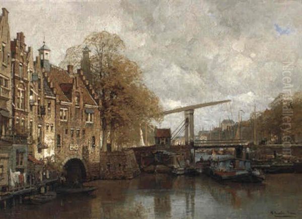 A View Of The Delfshaven, Rotterdam, With A Houseboat Oil Painting by Johannes Christiaan Karel Klinkenberg