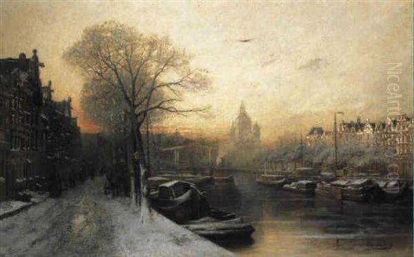 Winter: A View Of The Oude Waal, Amsterdam, At Sunset Oil Painting by Johannes Christiaan Karel Klinkenberg