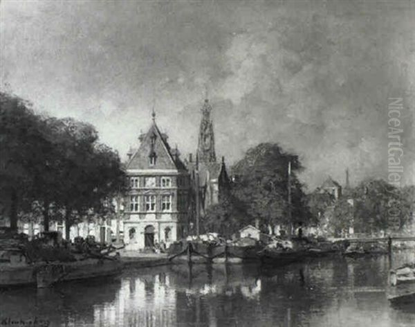 View Of 't Spaarne, Haarlem, With Waagtoren Beyond Oil Painting by Johannes Christiaan Karel Klinkenberg